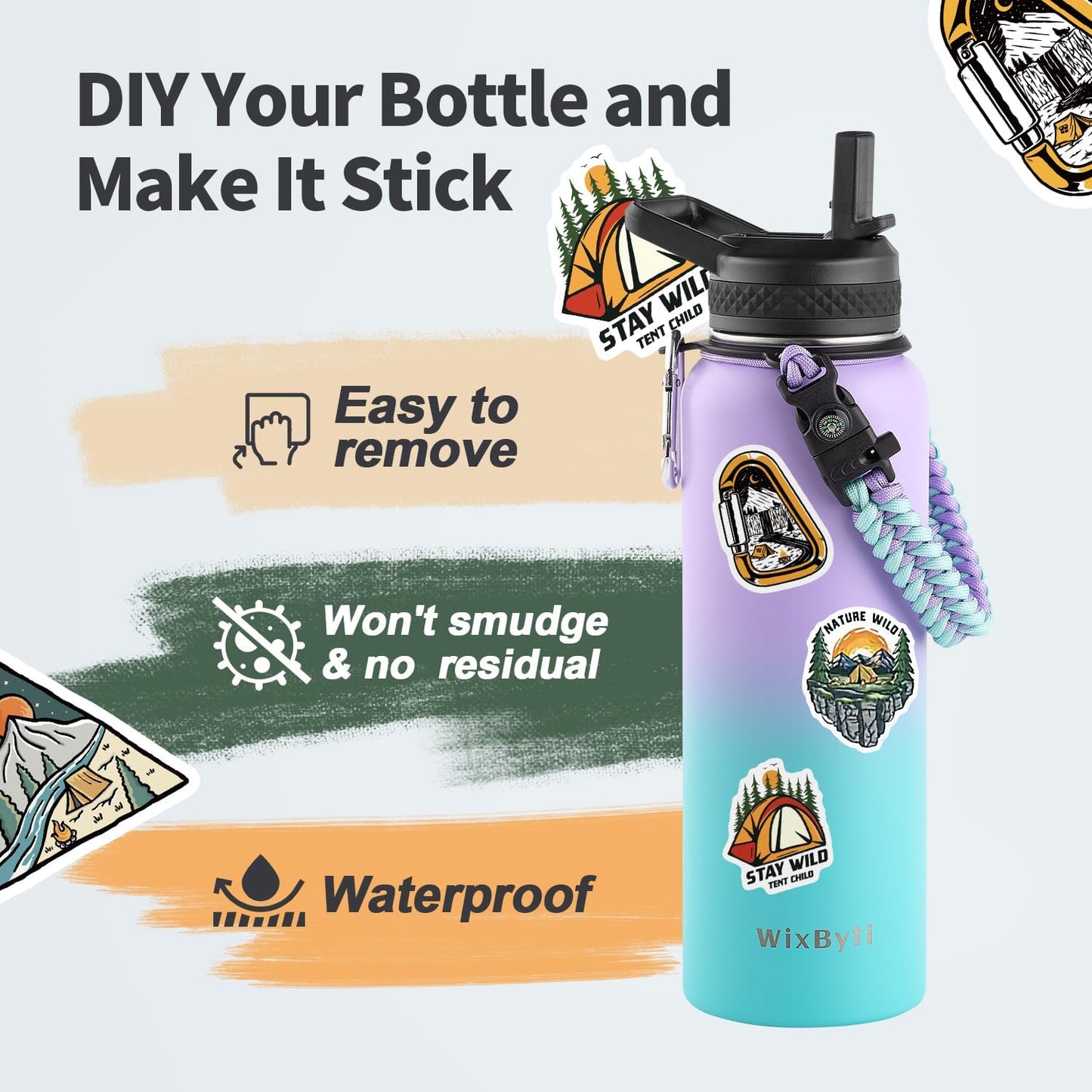 40 oz Insulated Water Bottle with Straw (Cold for 48 Hrs), Stainless Steel Triple Wall Vacuum Sports Water Jug, Leakproof Hydro Cup Flask with Paracord Handle & Straw Spout Lids & DIY Stickers