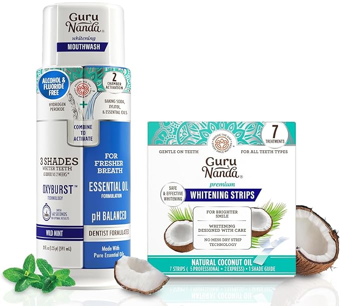 GuruNanda Whitening Wonder Duo, Dual Barrel Oxyburst Whitening Mouthwash 20 Oz & Teeth Whitening Strips with No Slip, Dry Strip Tech, 7 Day Treatments
