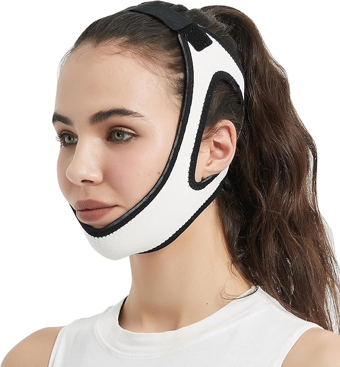 Adjustable Anti Snoring Chin Strap for CPAP Users - Breathable Snore Stopping Device Face Mask Bandage Keeping Mouth Closed - Chin Strap for Snoring for Men and Women (White)