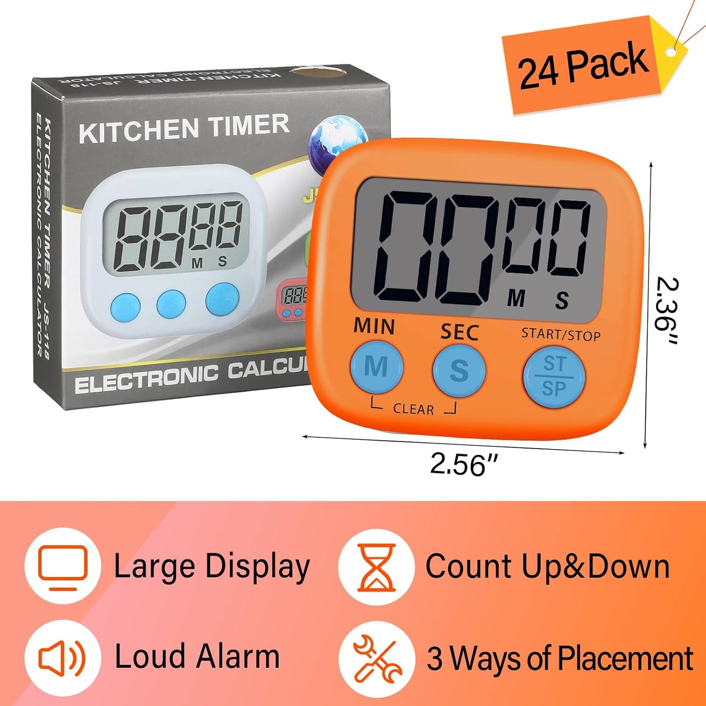 24 Pieces Digital Kitchen Timer Magnetic Timers for Classroom Bulk On/Off Switch Minute Second Count up Countdown Big LCD Display Loud Alarm for Exercise Cook Baking Teacher Kids(Pink, Orange)