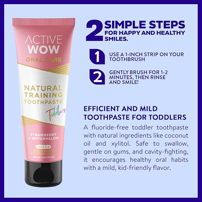Active Wow Training Toothpaste – Fluoride-Free, Toddler-Safe, Gentle, Vegan, Safe to Swallow – Strawberry Watermelon, 2 Pack