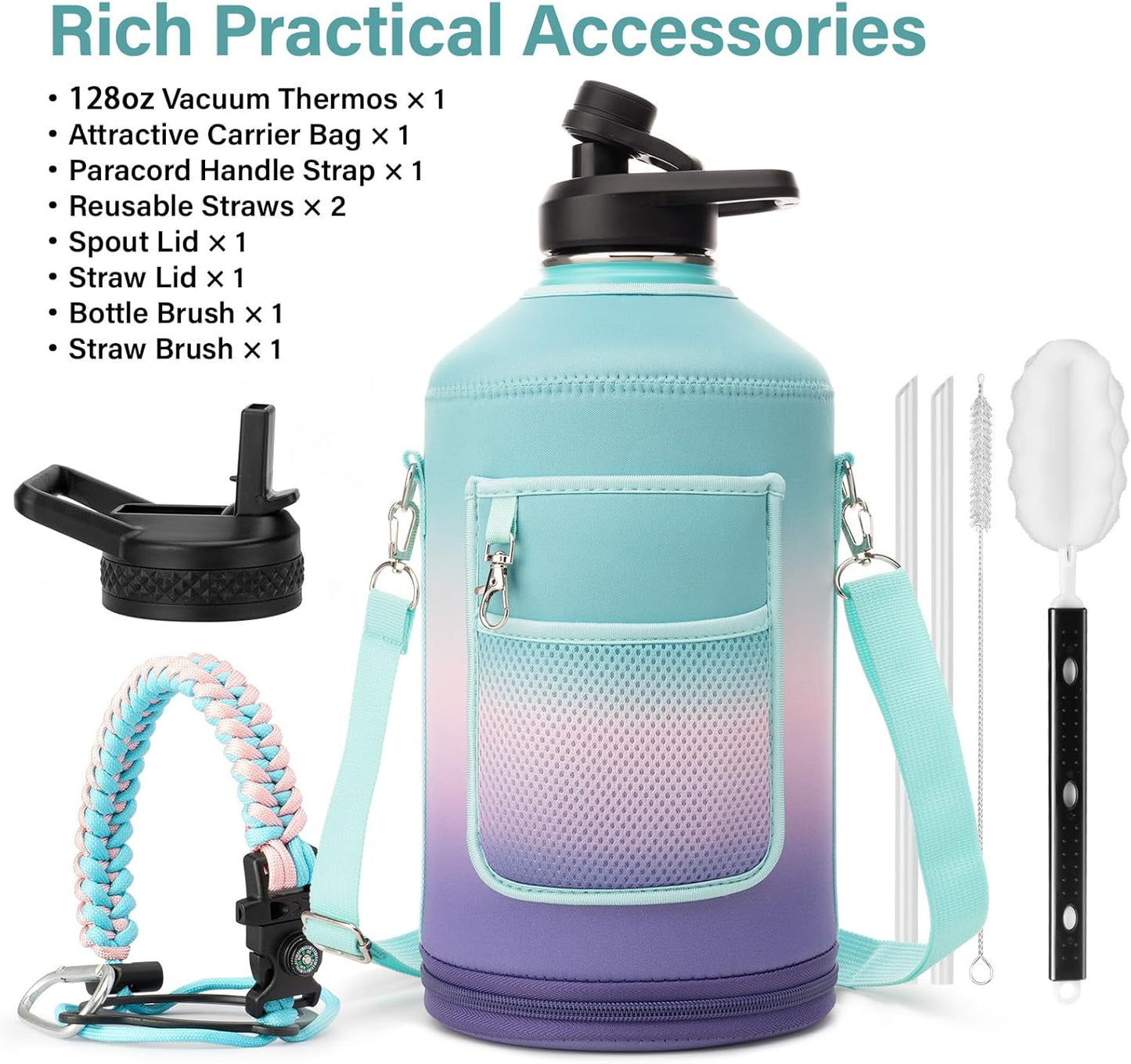 1 Gallon Water Bottle Insulated | Thickened Stainless Steel Vacuum Metal Water Jug | Portable Sports Large for Gym and Hiking with Straw, Carrier Bag, Handle Strap | BPA-Free 128 oz