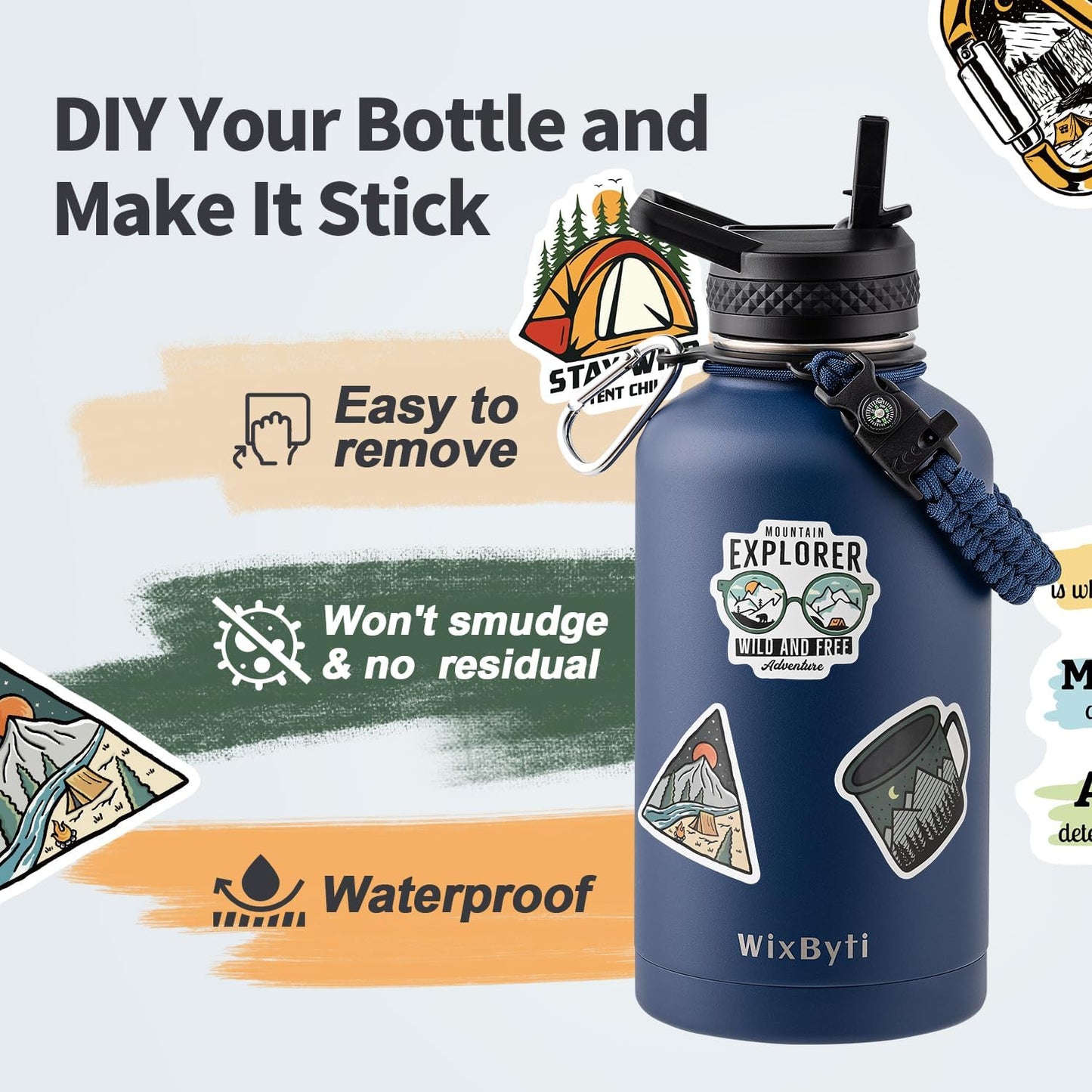 64 oz Insulated Water Bottle with Straw (Cold for 48 Hrs), Half Gallon Stainless Steel Triple Wall Vacuum Sports Water Jug, Leakproof Hydro Cup Flask with Straw Spout Lids & DIY Stickers