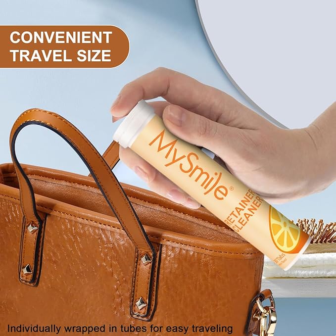 MySmile Retainer Cleaner with 120 Denture Cleaning Tablets, Quickly Remove Odors, Discoloration Stains & Plaque from Aligner, Mouth Guard, Night Guard and More Dental Appliances (Orange Flavor)