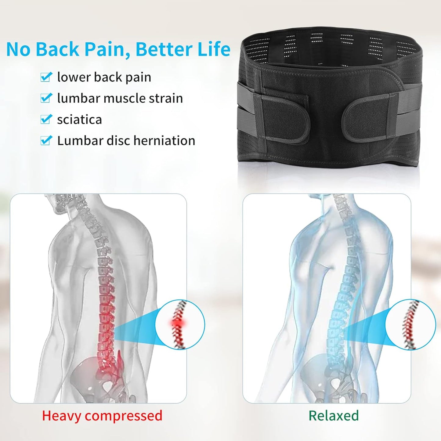 Lower Back Brace for Back Pain Relief, Breathable Lower Back Support for Women & Men, Adjustable Lumbar Support Belt with 7 Stays for Herniated Disc, Sciatica (X-Large, Black)