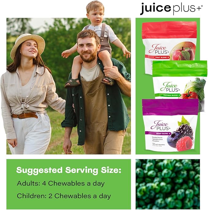 Juice Plus+ Fruit, Vegetable & Berry Blend Soft Chews (Chewables) - 30 Plant-Based Ingredients! Vegan Gummies for Kids & Adults - Gluten-Free, Non-GMO - Prepacked 3 Pouches - 30 Adult Servings Each