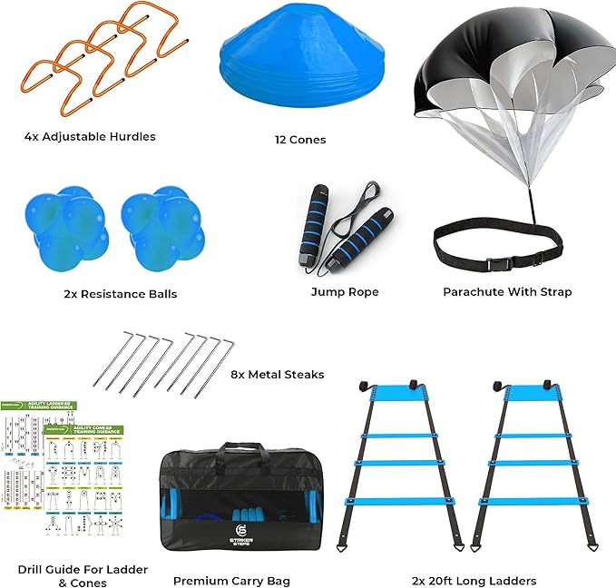 Agility Ladder Speed Training Equipment Set-2x 20ft Agility Ladder,12 Soccer Cones,4 Adjustable Hurdles, Jump Rope, Running Parachute| Basketball Football Soccer Training Equipment for Kids Adults