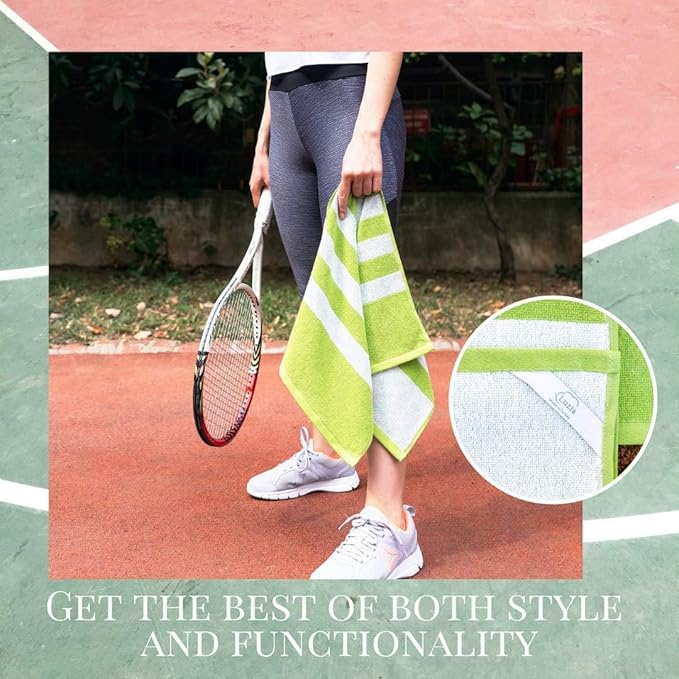Luzia Striped Workout Towel for Sweat (Pack of 4) - Premium Quality 100% Turkish Cotton - Lightweight and Super Absorbent for Exercise, Sports, Workout, Fitness, Gym, Yoga, Running (Green)