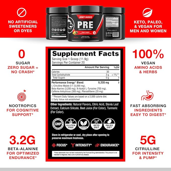Honey Badger Pre Workout Powder, Keto Vegan Preworkout for Men & Women, Beta Alanine & Caffeine, Sugar Free Natural Energy Supplement, Fruit Punch (High-Stim)