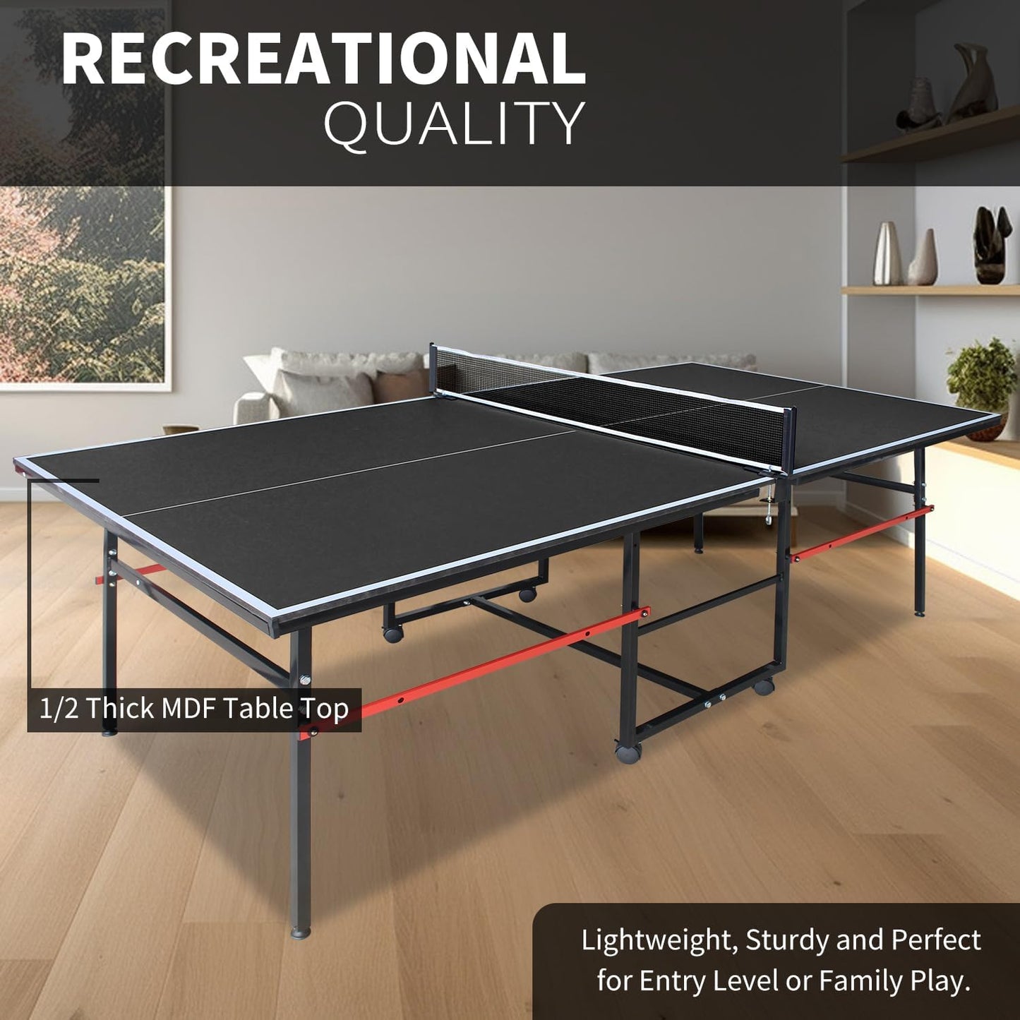 8ft Black Professional MDF Indoor Table Tennis Table with Quick Clamp Ping Pong Net with Two Rackets and Three Balls-Black