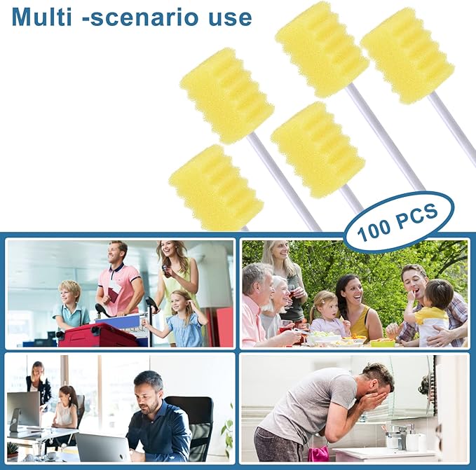 100 Pcs Disposable Mouth Swabs Sponge, BVN Oral Swabs, Oral Care Swabs Disposable, Mouth Swabs, Unflavored and Sterile Disposable Dental Swabsticks for Mouth Cleaning, Sawtooth-Shaped Yellow.