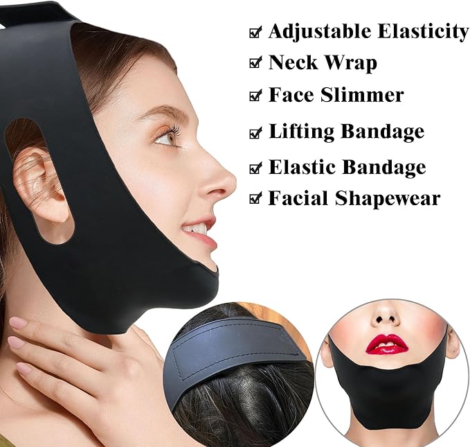 Post Surgical Silicone Chin Strap，Reusable Neck and Chin Lipo Compression Garment，Anti Snoring Chin Strap for Women & Men (Black 1PC)