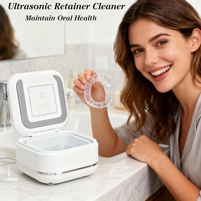 HAUSBELL Dental Pod: Ultrasonic Retainer Cleaner, Denture Cleaner Machine with 8 Cleaner Tablets, Aligner Cleaner, Nightguard Cleaner, Mouthguard Cleaner, Ultrasonic Cleaner with Noise-Reduction Lid