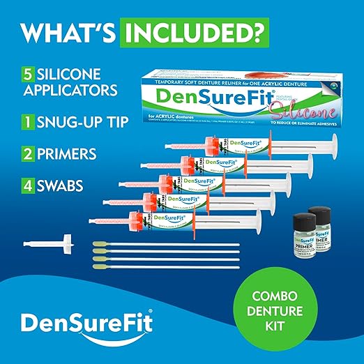 DenSureFit Upper and Lower Denture Reline Kit, Soft Silicone Denture Reliner Repair and Care Combo Kit with Extra Comfort Liner, Refit and Tighten for a Secure, Comfortable Fit