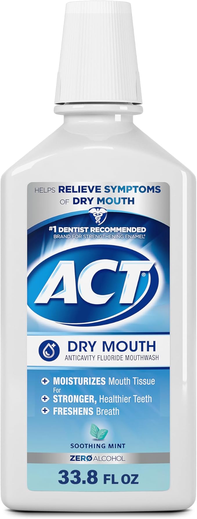 ACT Dry Mouth Anticavity Zero Alcohol Fluoride Mouthwash, Soothing Mint, 33.8 fl. oz.