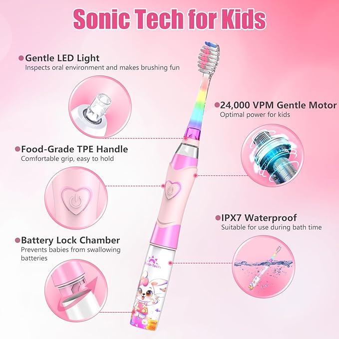 Kids Electric Toothbrush Toddler Toothbrush Age 2-4-8-12 Girls Electric Toothbrush with Timer Rainbow LED Light Up Vibrating Toothbrush Battery Operated Childrens Sonic Tooth Brush (Rabbit Pink)