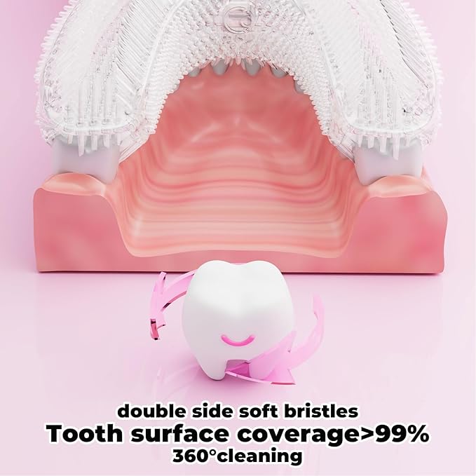 U Shaped Electric Toothbrush for Adults - 360° Adult u Shaped Brush Nylon bristles, Rechargeable Electric Toothbrush,Teeth Whitening Brush for Home & Travel Use (Pink)