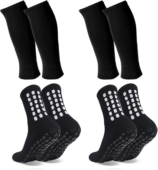2 Set Grip Soccer Socks with Shin Guard Sleeves Non Slip Soccer Leg Sleeve Socks for Men Women