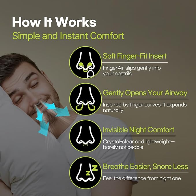FingerAir Nasal Dilator for Snoring and Breathing, Anti Snoring Devices, Snore Stopper Silicone Anti Snore, Reusable, Comfortable (4pcs Multi-Size Pack: S, M, L, XL)