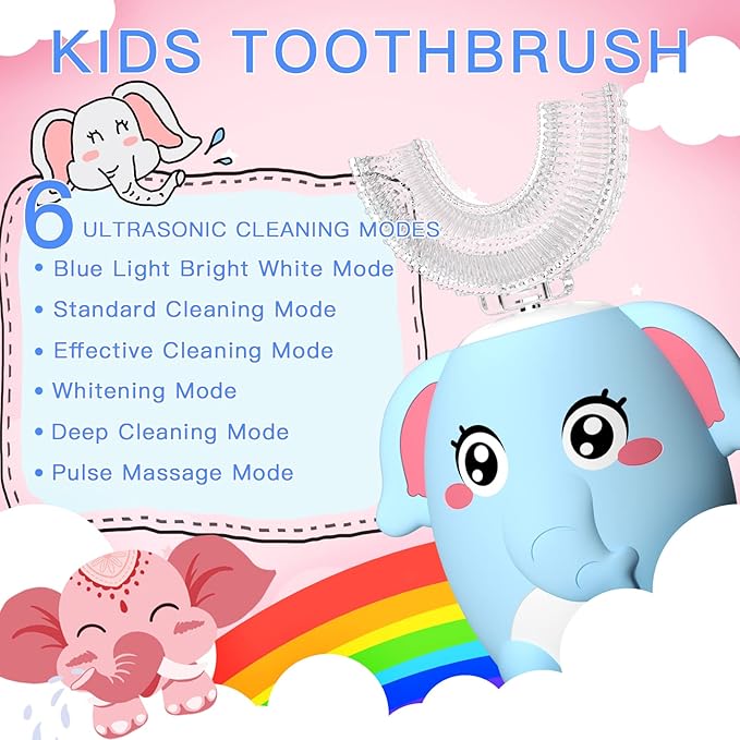 Kids Electric U Shaped Toothbrush Children Rechargeable Sonic Toothbrush with 4 Brush Heads Full Mouth 6 Cleaning Modes - (Age 8-15 Blue)