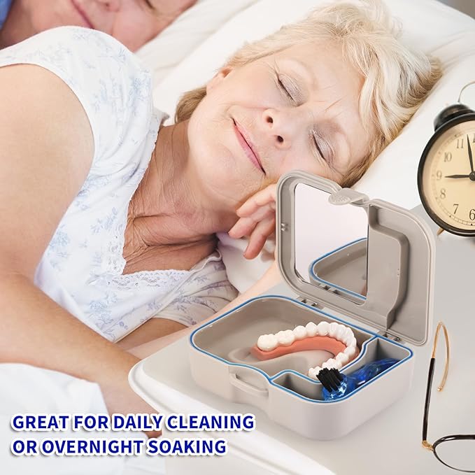Annhua Denture Cup Bath Box Case with Mirror and Cleaning Brush, Denture Container with Brush Retainer Cleaning Case Mouth Guard Storage Soaking Cup Holder for Travel, Office, Household Use