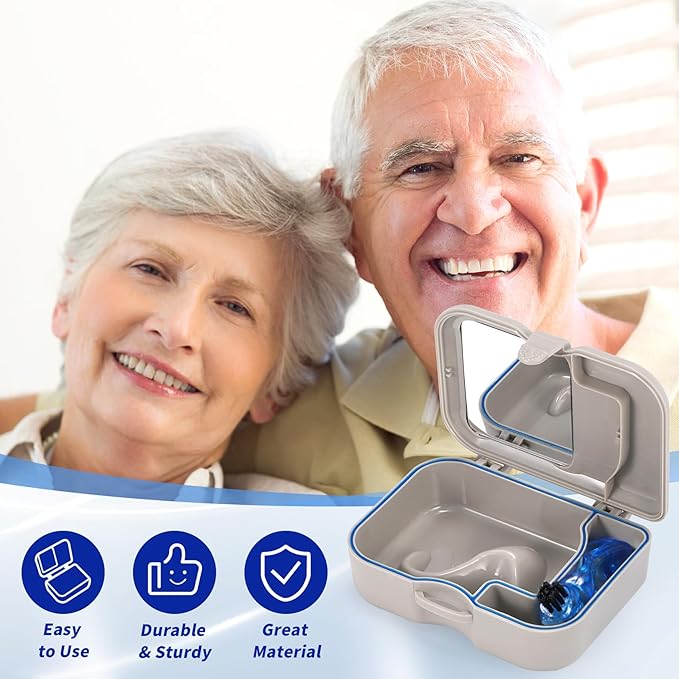 Annhua Denture Cup Bath Box Case with Mirror and Cleaning Brush, Denture Container with Brush Retainer Cleaning Case Mouth Guard Storage Soaking Cup Holder for Travel, Office, Household Use