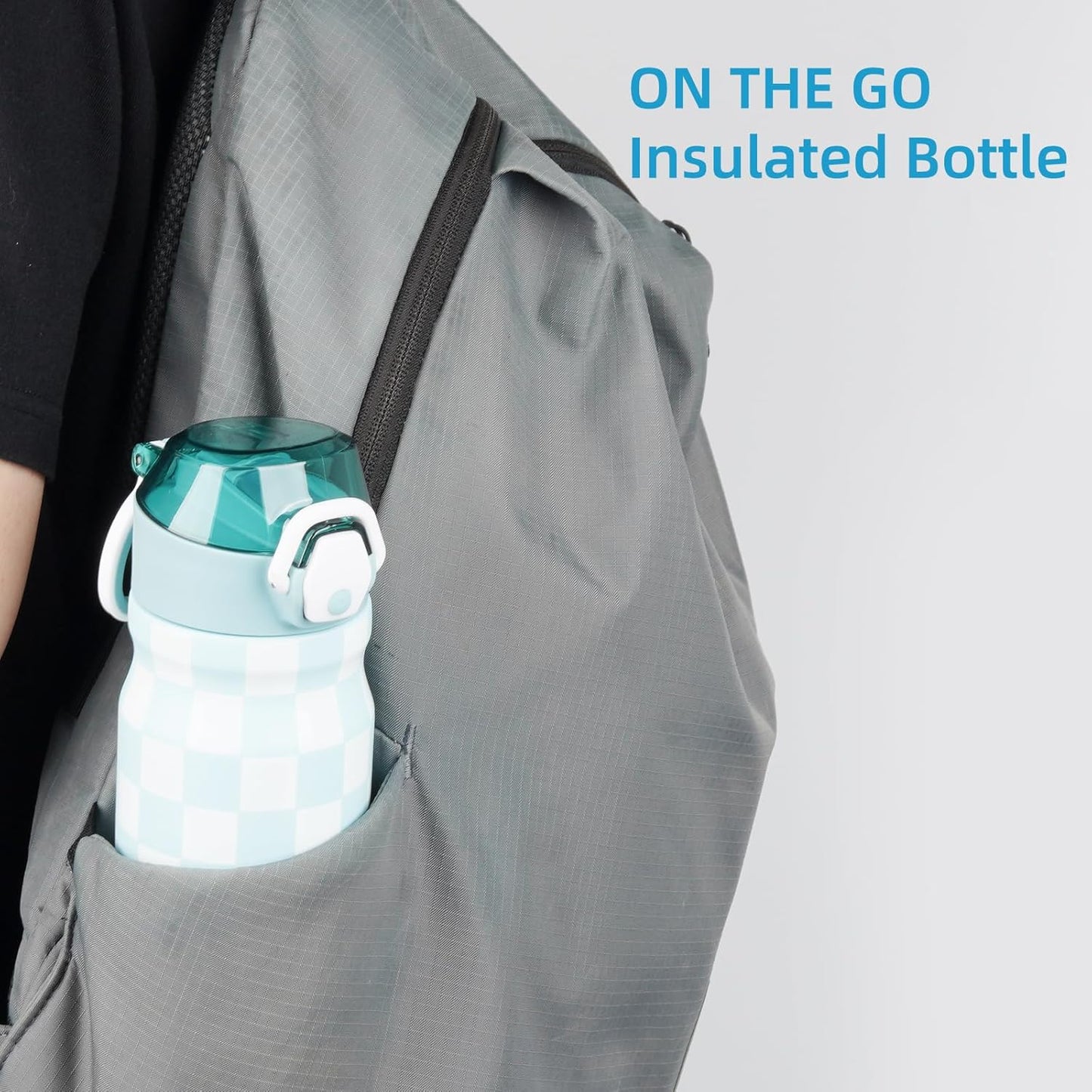 Insulated Water Bottle with Straw and Carry Loop,18 oz Stainless Steel Double Wall Vaccum Metal Water Flask with Leak-proof Lid,Blue White Plaid