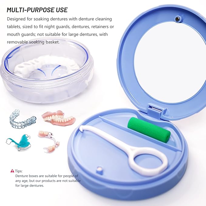 Leak Proof Dental Retainer Case, Denture Cleaning Case, Denture Bath Case, Denture Case, Retainer Cleaning Case Mouth Guard Perfect for Travel, Denture Cups for Soaking Dentures & Mirror (Blue)