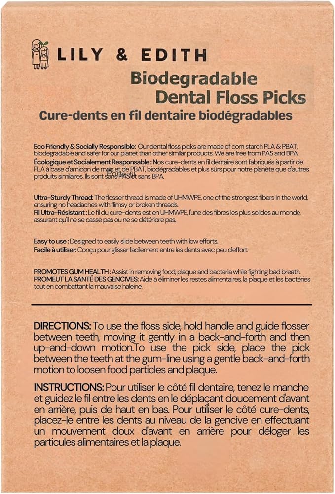 LILY & EDITH Biodegradable Dental Floss Picks Adults and Kids 300 Counts, Fluoride-Free, Plant Based Straw Wheat Material, Zero Waste Package, Shred Resistant (Mint)
