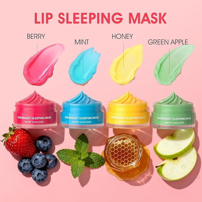 Lip Mask Set, 4PCS Lip Sleeping Mask Overnight Treatment Lip Care, Moisturize & Nourish, Cracked Dry Lips, Daily Lip Care,12g*4