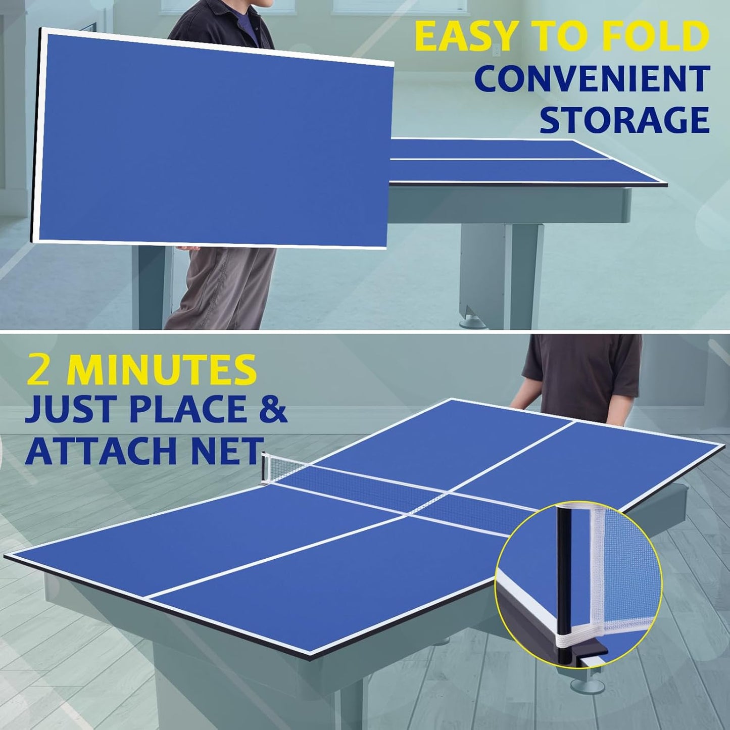 7FT Ping Pong Table Top with Net Set for Pool Table, Foldable Ping Pong Table Topper, Portable Table Tennis Conversion Top Includes Foam Padding for Protection, Easy Conversion
