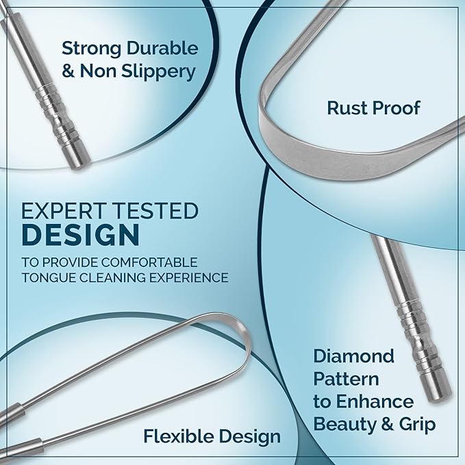 MasterMedi Tongue Cleaner Tongue Scraper Surgical Grade Stainless Steel Tongue Brush Dental Kit Professional Eliminate Bad Breath With Non-synthetic Grip (Family Pack (4 pcs)
