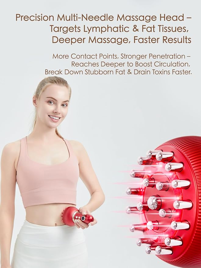 Lymphatic Drainage Massager & Anti Cellulite Massage Tool, Helps Reduce Stretch Marks & Cellulite, for Legs, Arms & Belly, Body Sculpting Machine with Microcurrent, Light, Heat & Vibration,Red