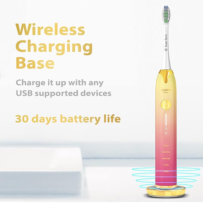 Wagner Stern Ultrasonic whitening Toothbrush with Pressure Sensor. 5 Brushing Modes and 4 Levels of Intensity, 8 Soft bristles, Travel case.