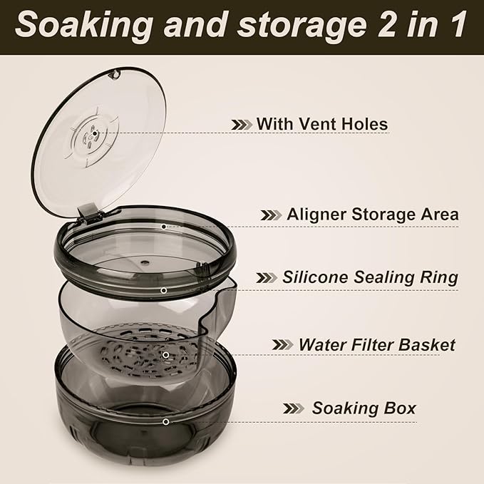 Retainer Cleaner Case,Double Layer No-Leak Denture Cup for Soaking Dentures, Denture Bath for Invisalign Aligner,Retainers,Mouth Guard,Night Guard (Black)