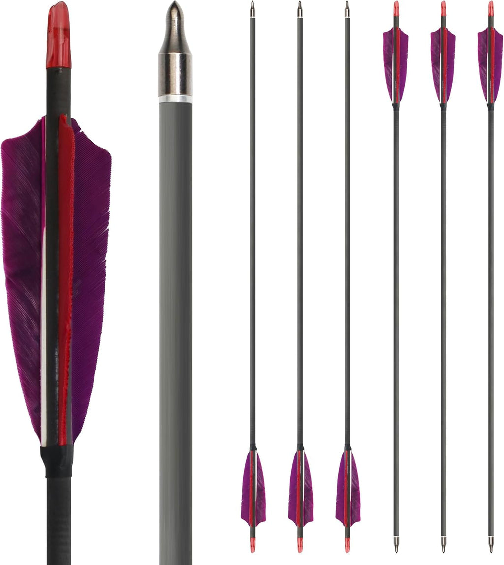 600 Spine Pure Carbon Arrows with Real Turkey Feathers Removable 100 Grain Tips Plastic Nocks for Archery Target Hunting