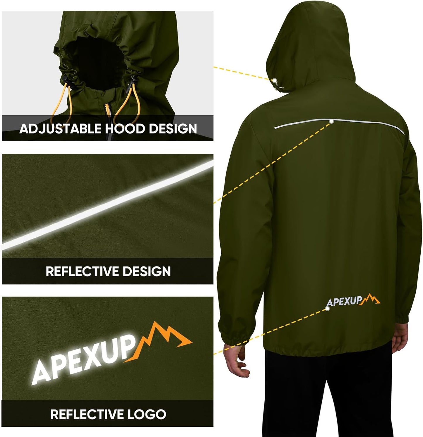 APEXUP Packable Rain Jacket Men with Reflective Zipper, Lightweight Waterproof Raincoat, Mens Rain Jacket for Outdoor Sports