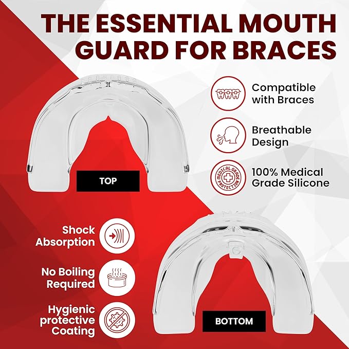 SafeGrin Transparent Braces Mouth Guard for Braces for Sports - Premium Silicone Teens & Youth Upper & Lower Teeth Protection for Sports - Football, Lacrosse, Hockey, Baseball