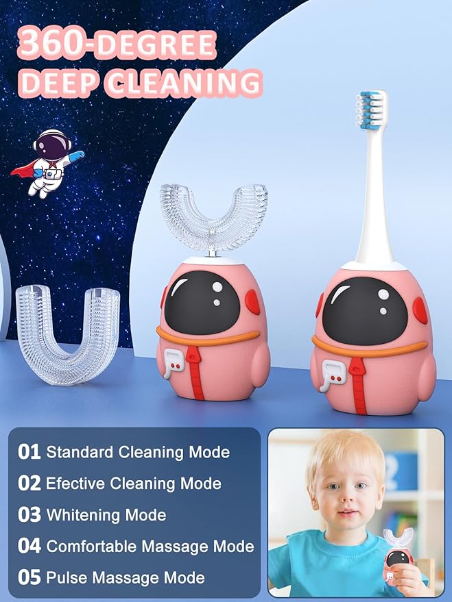FTOYIN Kids Electric Toothbrush with 3 Brush Heads, U Shaped Ultrasonic Toothbrush Kids with 5 Modes, 45s Smart Reminder, 360-Degree Automatic Cleaning, IPX7 Waterproof Design