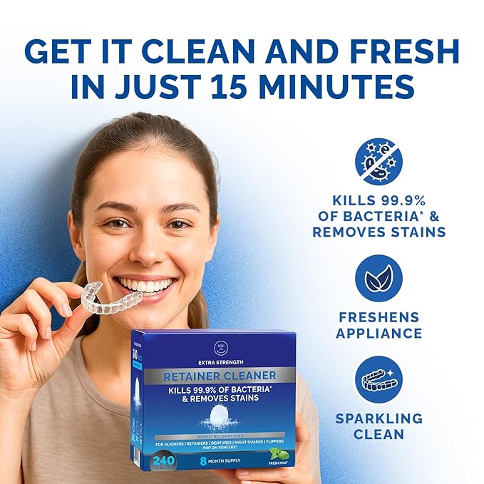 Retainer Cleaner Tablets for Invisalign Approved for Ultrasonic Cleaners -240 Denture Cleaning Tablets for Aligners, Night Guard, Mouth Guard - Denture Cleaner Tablets 8-Month Supply