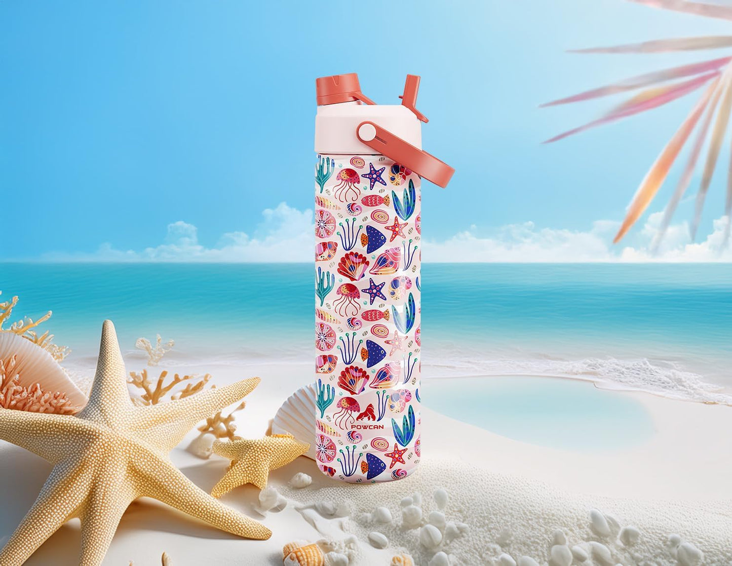 26 oz Insulated Water Bottle with 2-in-1 Straw and Spout Lid, Keep Cold 24H, Leak-Proof, Fits in Car Cup Holder, Stainless Steel Water Bottle for Sports, Travel, Gym and School (Ocean Carnival)