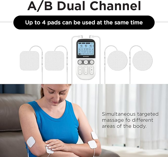 4 in 1 - D.I.Y & Tens Unit & EMS & Massage Muscle Stimulator, Dual Channel TENS Units Therapy Machine for Pain Relief, FDA Cleared Rechargeable Electronic Pulse Massager, with 12pcs Electrode Pads.