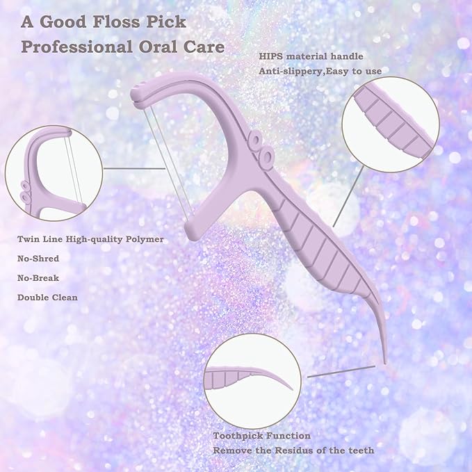 Dental Floss Picks,Twin Line 300 Count Lemon Flavor Dental Flossers,LIAMOSS Dual Action Flossing System,Superfine Toothpicks Sticks,Comfortable for Tight Teeth(Purple)