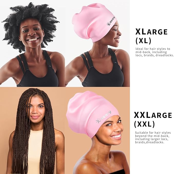 Keary Extra Large Swim Cap for Braids and Dreadlocks Extensions Weaves Long Hair, Waterproof Silicone Cover Ear Bath Pool Shower Swimming Cap for Adult Youth to Keep Hair Dry, Easy to Put On and Off
