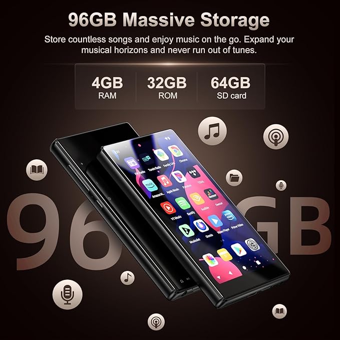 96GB MP3 Player with Bluetooth WiFi, Android 13 OS MP3 & MP4 Players with 5" IPS HD Touchscreen and Speaker, 4GB RAM & 32GB ROM, 2500mAh Music Player with Spotify, Play Store