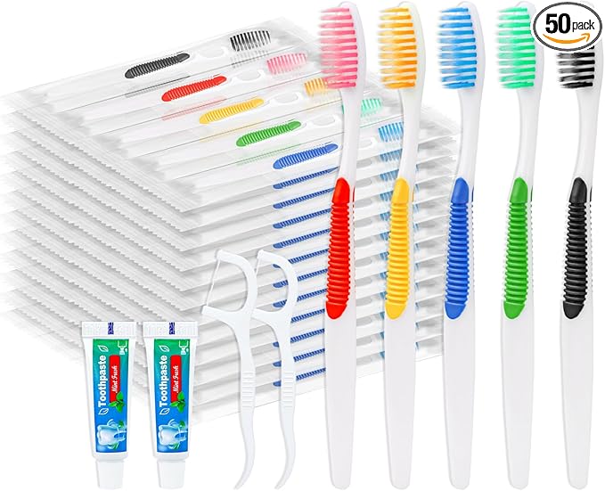 Disposable Toothbrushes with Toothpaste and Floss,50 Pcs 3 in 1 Individually Wrapped Single Use Travel Toothbrushes and Dental Floss Kit Bulk for Homeless,Guests,Dentist,Hotel(5 Colors)