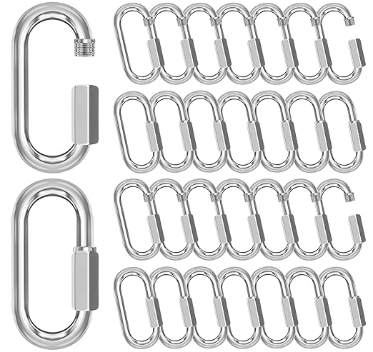 M4-30 Pack 1.61“ Quick Links Chain Connectors, 5/32″ Galvanized Chain Locking Carabiners Hooks, 330LBS Heavy Duty Thread Quick Link Clips, Twist Oval Keychain D Shape for Swing, Camping