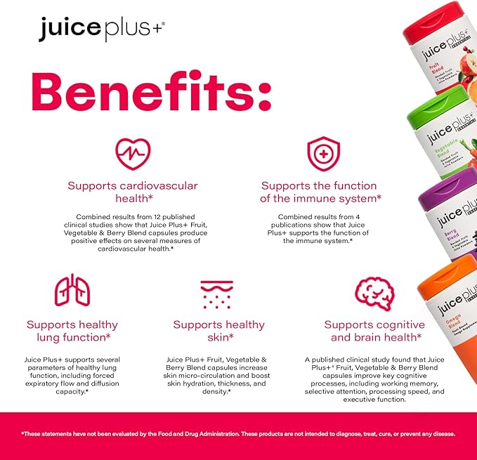 Juice Plus+ Fruit, Vegetable, Berry & Omega Blend Capsules - Nutrition from 30 Fruits, Vegetables & Berries + Plant-Based Omega Fatty Acids - 4 Bottles (60 Servings Each)