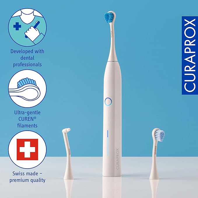 Curaprox Hydrosonic Pro Sonic Toothbrush – for Sensitive Teeth, Implants and Braces | Professional Cleaning at Home | Set with Three Brush Heads