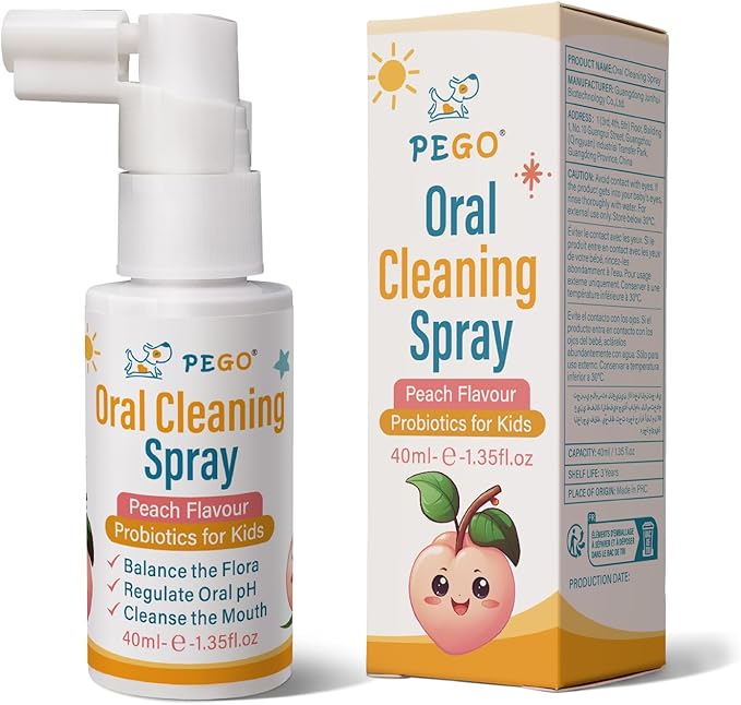 PEGO Kids Oral Spray - Toddler Toothpaste Helper for Fresh Breath, Fruit-Flavored, Probiotic Mouth Spray,Fluoride Free for Newborn to 12 Years (40ml*1, Peach)